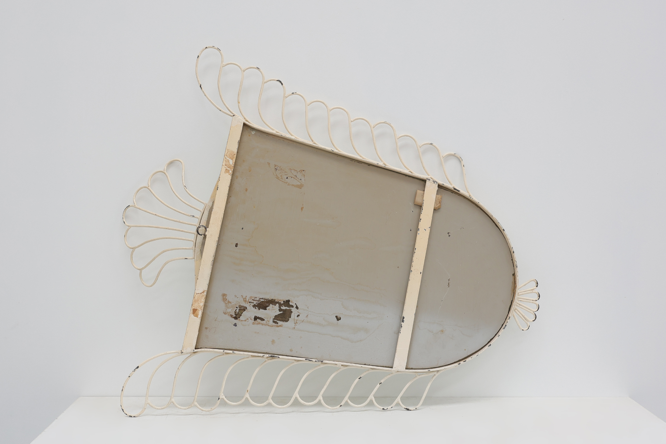 French White Lacquered Metal Mirror with Looped Wire Frame and Fan Crest, 1950sthumbnail
